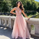 Dusty Blue Tulle Long Prom Dress Beaded Aline Formal Gowns OKW69