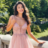 Dusty Blue Tulle Long Prom Dress Beaded Aline Formal Gowns OKW69