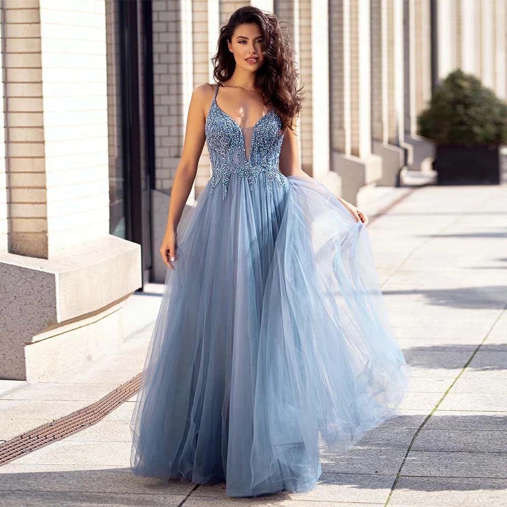 Dusty Blue Tulle Long Prom Dress Beaded Aline Formal Gowns OKW69