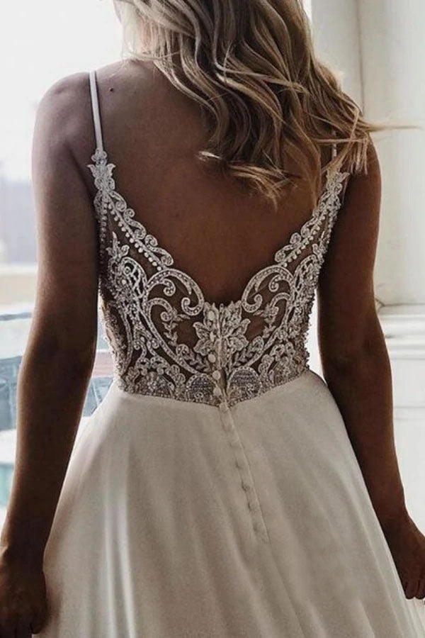 Off White Chiffon A-line V-neck Lace Spaghetti Straps Wedding Dress OK1207