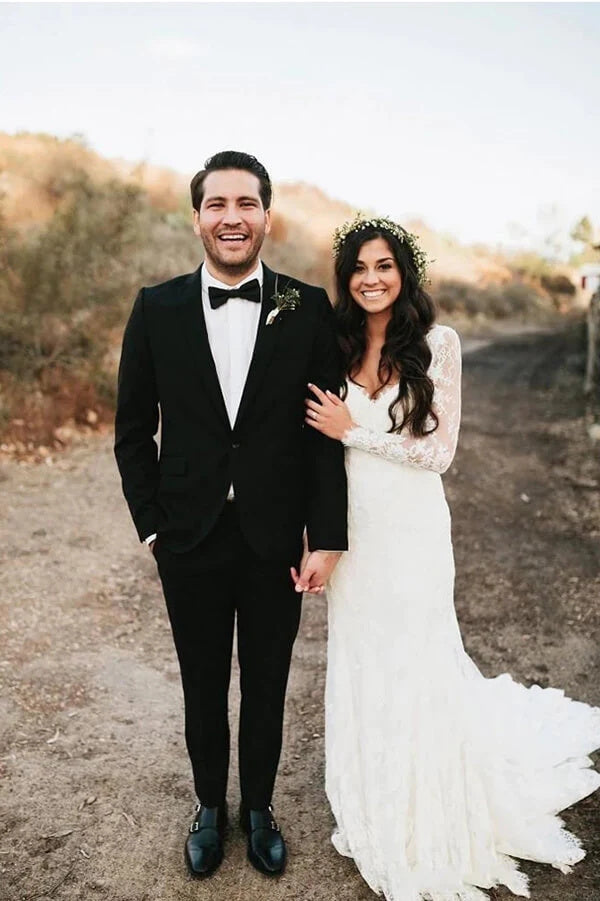 Chic Lace Long Sleeves Mermaid V-neck Open Back Beach Wedding Dresses OK1677