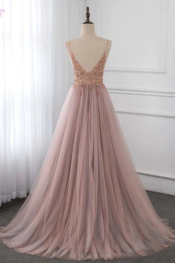Sweet Dusty Pink Crystal Prom Dress Long Straps Spaghetti Tulle Evening Gown OKV96