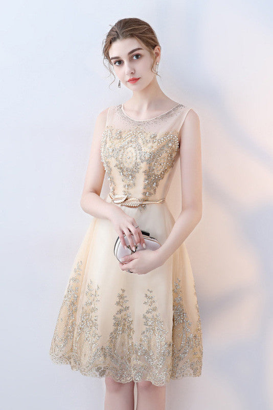 A-Line Round Neck Short Lace Appliques Homecoming Dresses OKC97