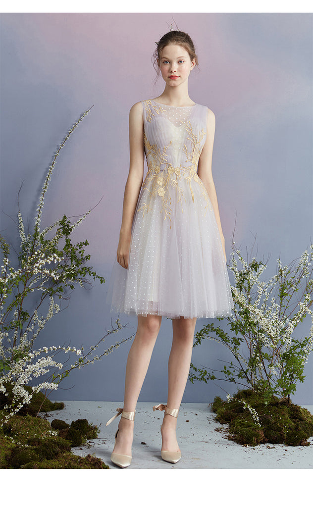 Elegant A-Line Tulle Short Homecoming Dresses With Gold Appliques OKC53