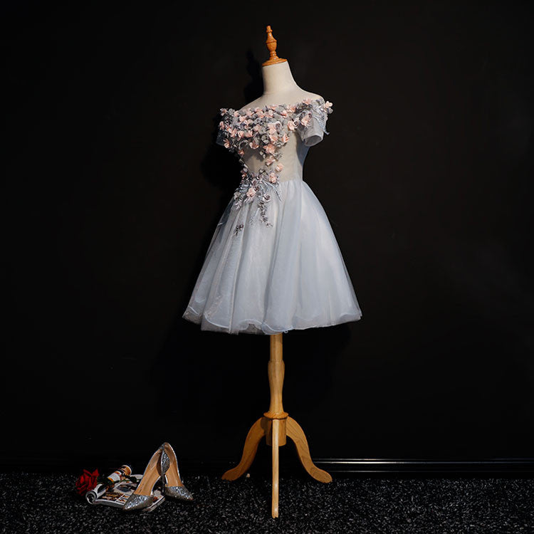 Cute Gray Off the Shoulder Floral Appliques A-Line Tulle Homecoming Dresses OKC58