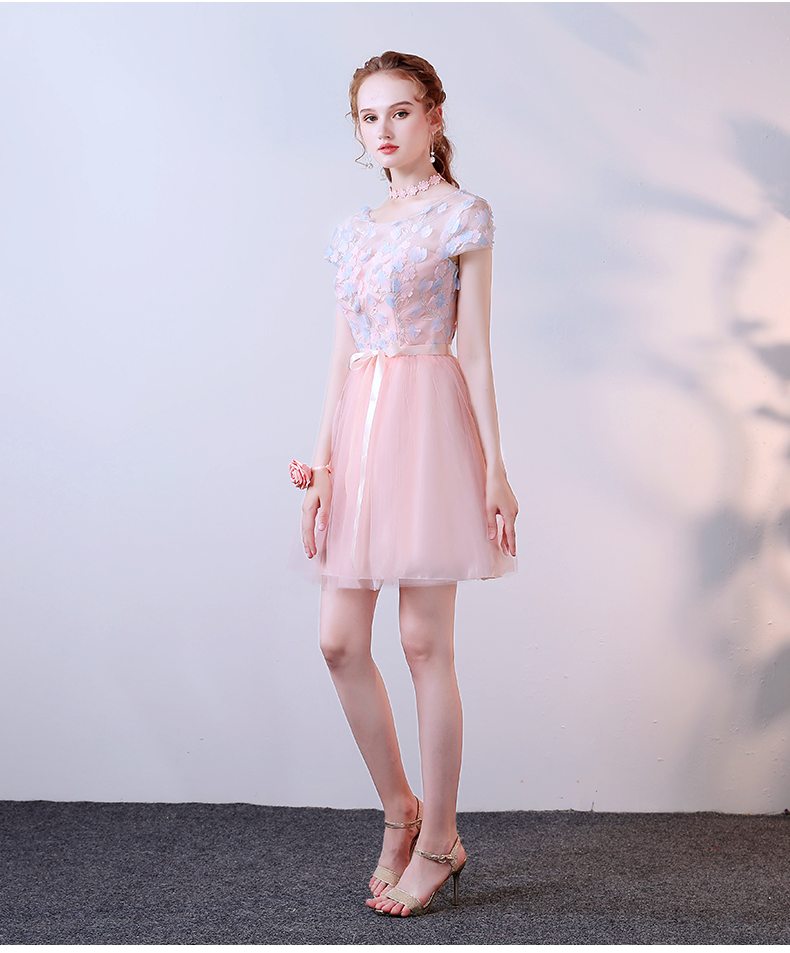 Pink A-Line Tulle Cap Sleeves Short Homecoming Dresses With Flowers OKC59