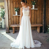 Elegant A-Line Round Neck Chiffon with Lace,Beach Boho Wedding Dress OKM88