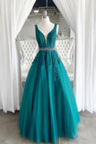 A Line V Neck Dark Green Lace Appliques Prom Dresses, Formal Evening Dresses OK1991