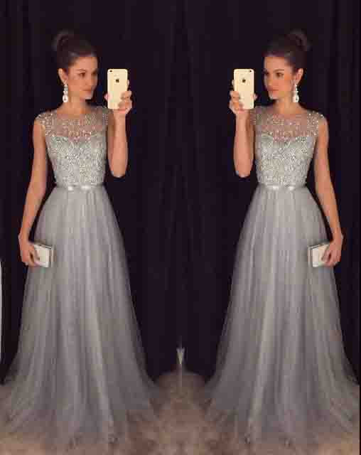Elegant Gray Tulle Long A Line Prom Dresses,Formal Party Dresses OKE94