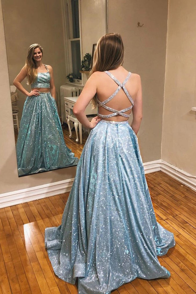 A-line Two Pieces Spaghetti Straps Sparkly Long Prom Dress Evening Dress OKT3