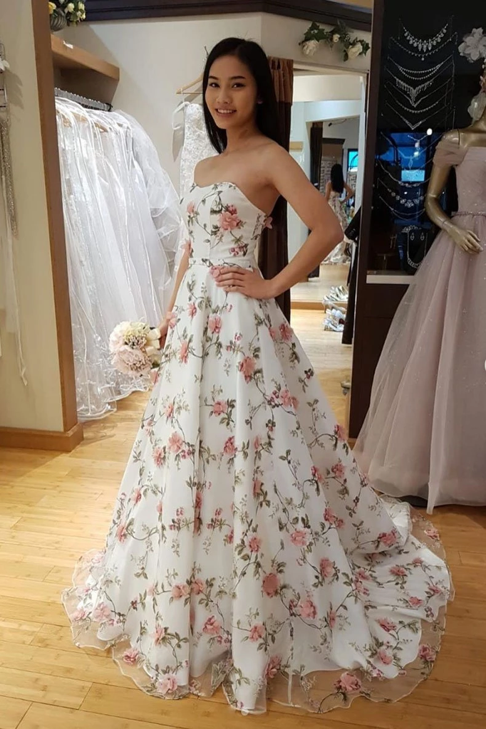 A Line Floral Long Prom Dress Strapless Beautiful Flower Printed Prom Dress OKR43
