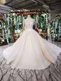 Off White High Neck Ball Gown Wedding Dress, Open Back Beaded Wedding Gown OKJ96