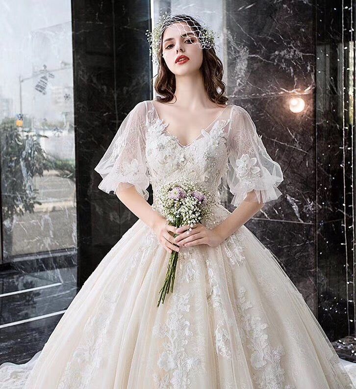 Charming Half Sleeves Ball Gown Wedding Dress, Appliques V Neck Bridal Dress OKK2