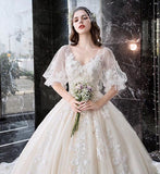 Charming Half Sleeves Ball Gown Wedding Dress, Appliques V Neck Bridal Dress OKK2