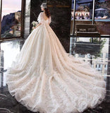 Charming Half Sleeves Ball Gown Wedding Dress, Appliques V Neck Bridal Dress OKK2