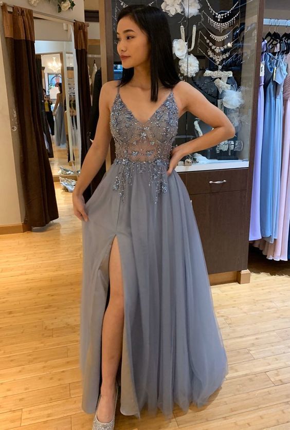 A-line V Neck Grey Beaded Long Prom Dress with Split Spaghetti Straps Formal Evening Dress OKX90
