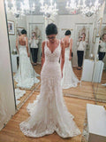 Elegant Mermaid V Neck Backless Long Wedding Dress With Lace OK1007