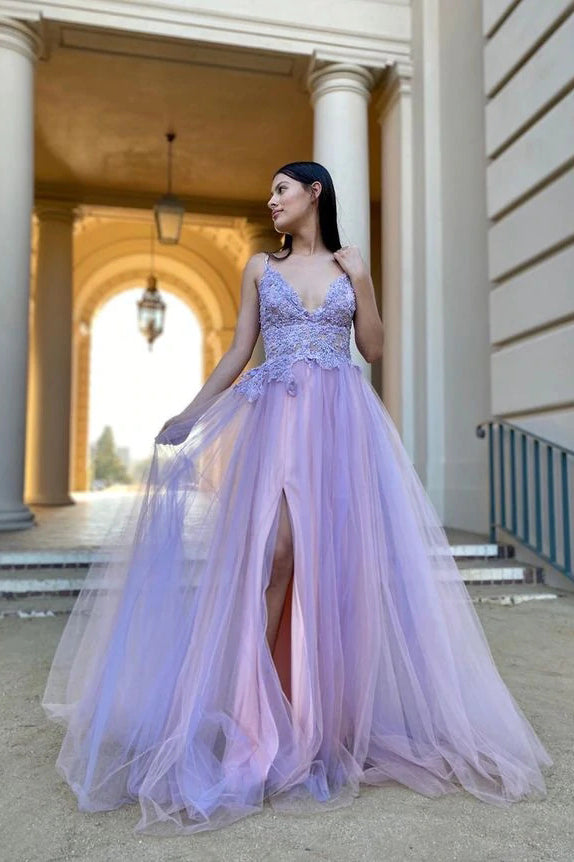 Charming V-Neck Appliques Lilac Tulle A Line Prom Dress With Split OK1363