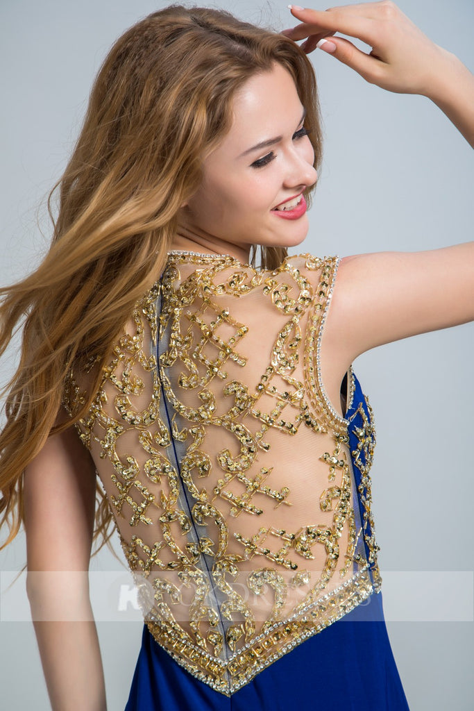 Royal Blue Long Formal Sexy Chiffon Beading Split Prom Evening Dress OK251