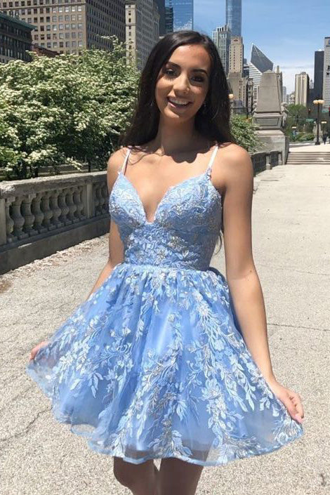 Spaghetti Straps Blue A-line Short Homecoming Dress With Lace Appliques OKZ72