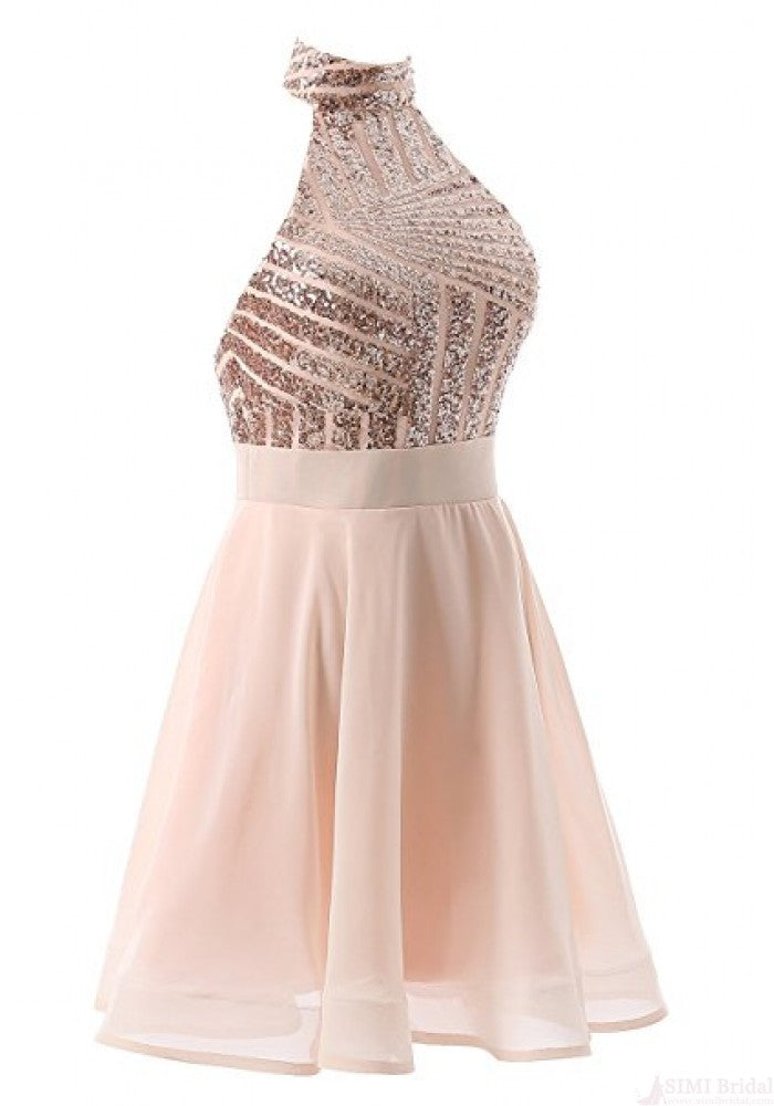 Halter Sequins Short Prom Dress,Backless Mini Homecoming Dresses,Cocktail Dresses OK496