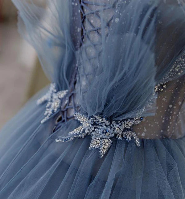 Dusty Blue Sparkly Tulle Beaded Prom Dress, Tiered Formal Gown With Rhinestone OK1932