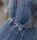 Dusty Blue Sparkly Tulle Beaded Prom Dress, Tiered Formal Gown With Rhinestone OK1932