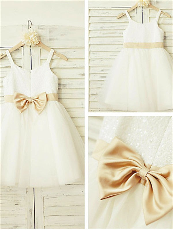 Cute A-line Spaghetti Straps Sleeveless Bowknot Floor-Length Tulle Flower Girl Dress OK719