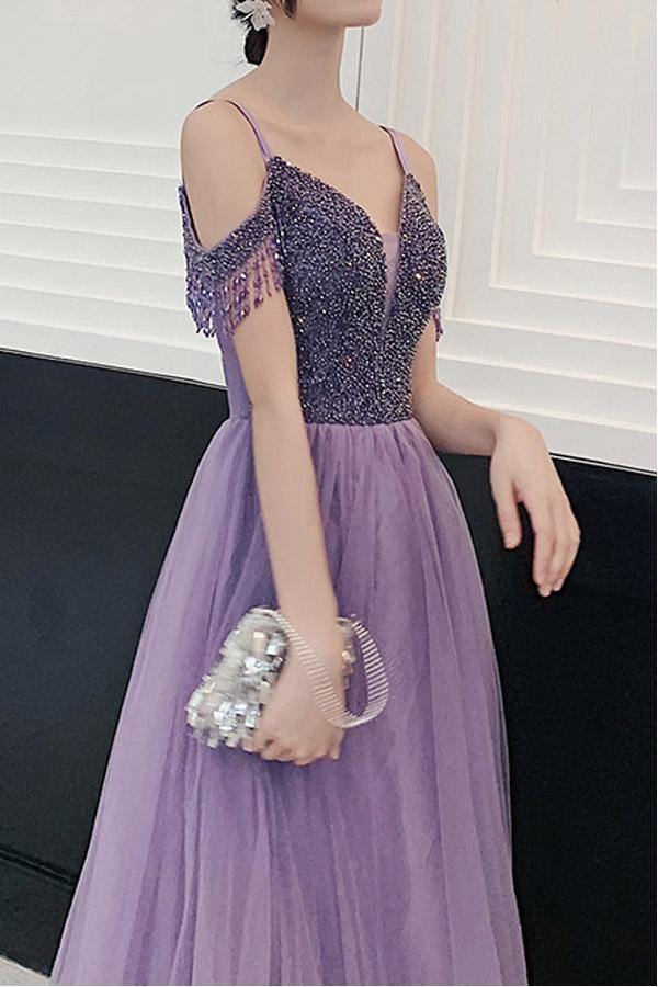 Elegant Cold Shoulder Beaded Lilac Tulle A Line Long Prom Party Dress OK1394