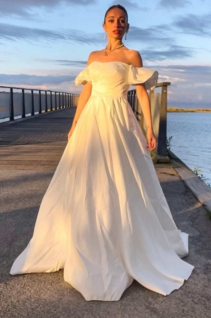 Off White Off-the-Shoulder Ruffles Sleeve A-Line Long Wedding Dress OK1541
