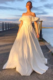 Off White Off-the-Shoulder Ruffles Sleeve A-Line Long Wedding Dress OK1541