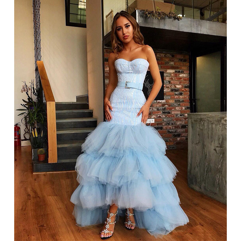 Sky Blue Tulle Sweetheart Neck Long Layered Evening Dresses Cheap Prom Dresses OKI47