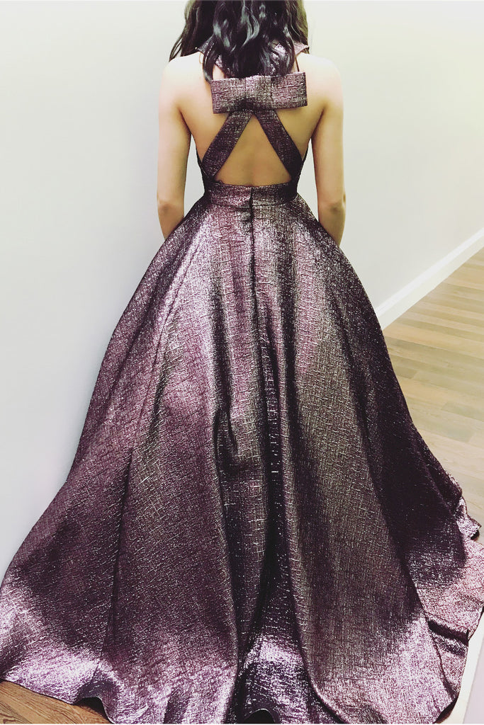 Elegant V Neck A Line Chocolate Long Prom Dresses Ball Gown With Pockets OK948