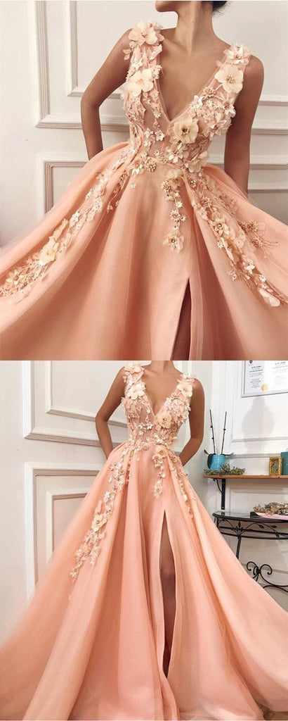 Charming V neck Long Prom Dresses,Tulle Evening Party Dress with Flower OKH55