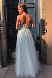 Chic A Line Tulle Light Blue Long Prom Dress with Lace Appliques Evening Gown OK1415