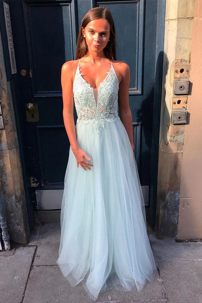 Chic A Line Tulle Light Blue Long Prom Dress with Lace Appliques Evening Gown OK1415
