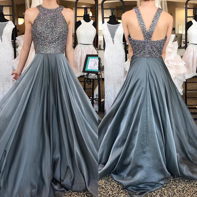 O-Neck Beading A-Line Long Cheap Prom Dresses,Grey Evening Dresses For Women OK833