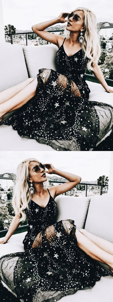 Sexy Sparkly Black Spaghetti Straps A Line Star Long Prom Dresses OKG9