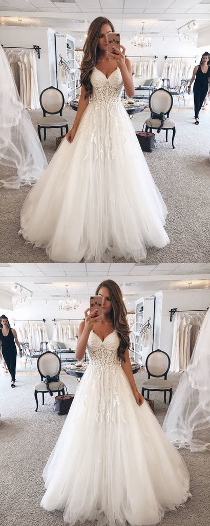 Elegant A-Line Spaghetti Straps Long Tulle Wedding Dresses with Appliques OKF1