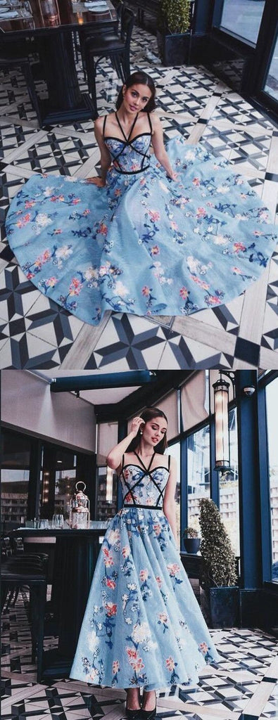 Chic Blue Floral Printed A Line Long Prom Dress Pretty Party Dresses OKG19