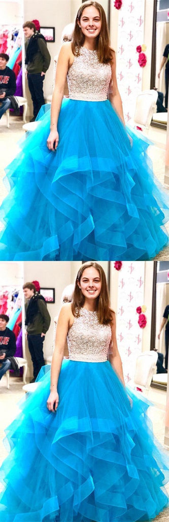 Beads Organza Ruffles Ice Blue Ball Gown Prom Dresses OKE57