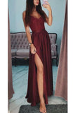 Burgundy A Line V-Neck Long Spaghetti Strap Split Prom Dress With Lace OKH74