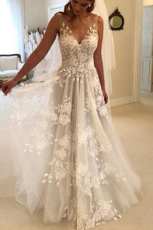 Elegant A line V-neck Tulle Floor Length Wedding Dresses With Lace Appliques OKC94