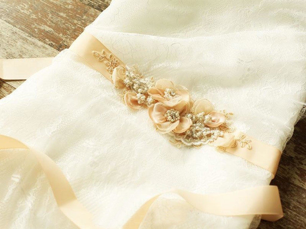Cute Nude Blush Bridal Sash Floral Lace Rustic Wedding Belts BS16