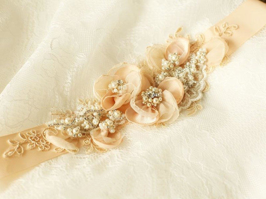 Cute Nude Blush Bridal Sash Floral Lace Rustic Wedding Belts BS16