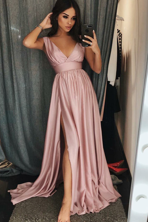Cheap A-Line V-Neck Sweep Train Pink Prom Dresses with Pleats Split OKI92