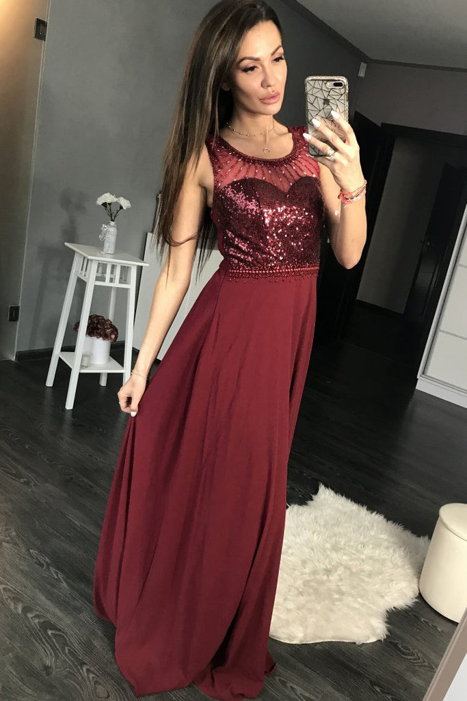 Charming Burgundy Sequins A Line Sleeveless Chiffon Long Prom Dresses OK861