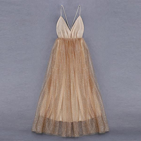 Charming A-Line V Neck Spaghetti Straps Sequin Long Prom Dresses OKE44