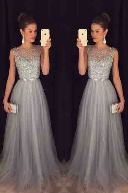 Elegant Gray Tulle Long A Line Prom Dresses,Formal Party Dresses OKE94