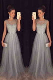 Elegant Gray Tulle Long A Line Prom Dresses,Formal Party Dresses OKE94